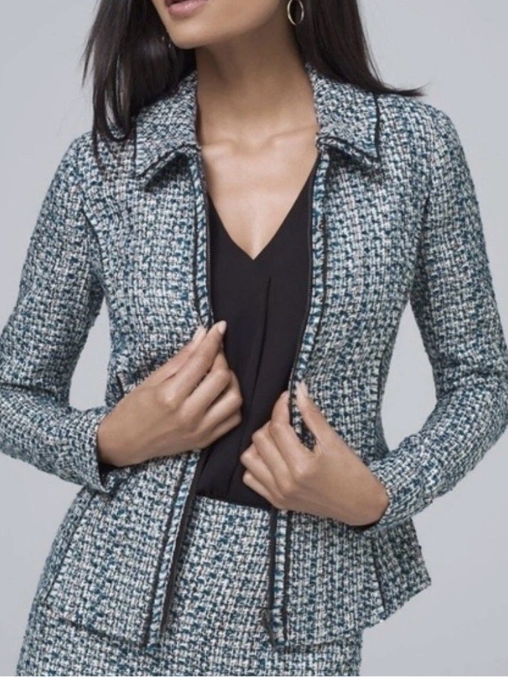 White House Black Market Tweed Moto Jacket in River Teal size 6  Preowned